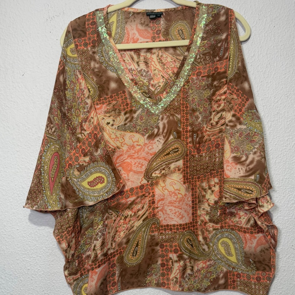 Y2K Piano Boho Paisley Sequin V-Neck Kaftan Top M Brown Women Festival Blouse